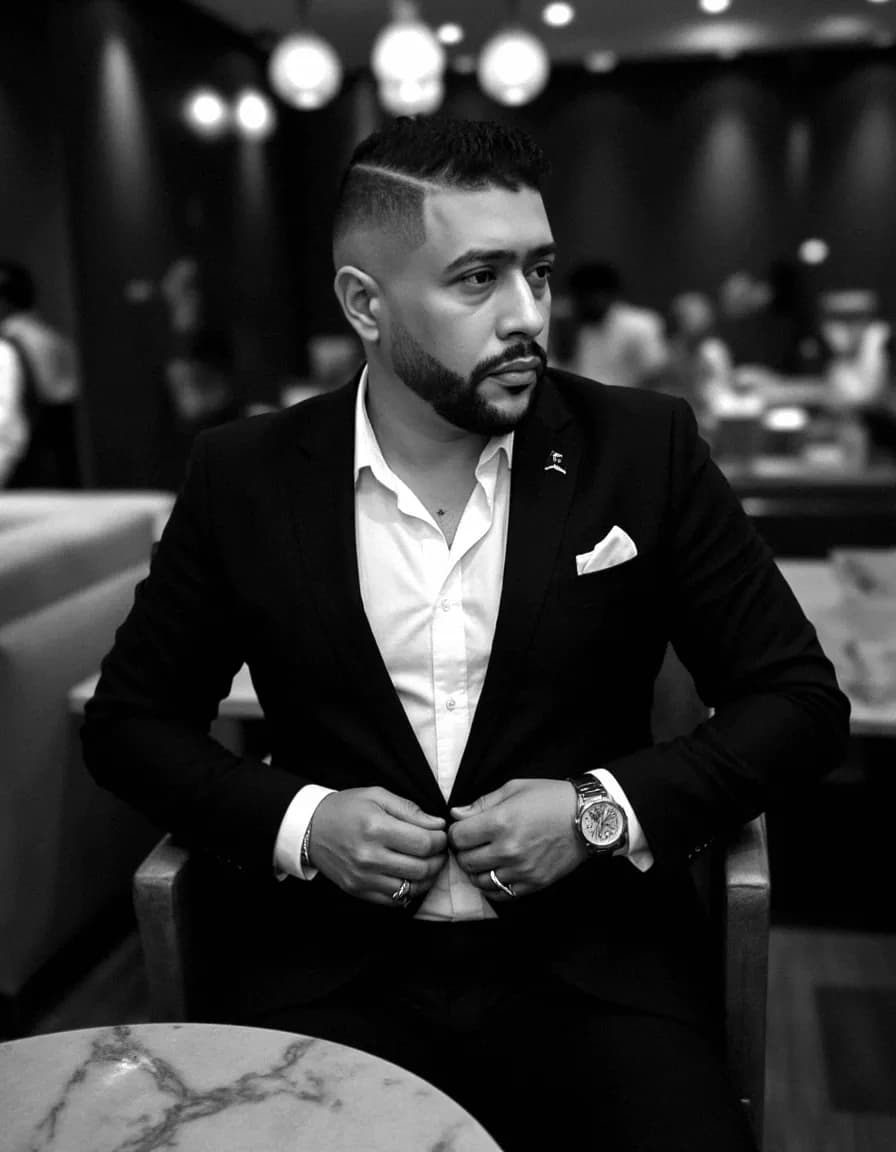 Cinematic Black-and-White Gentleman in Luxury Bar