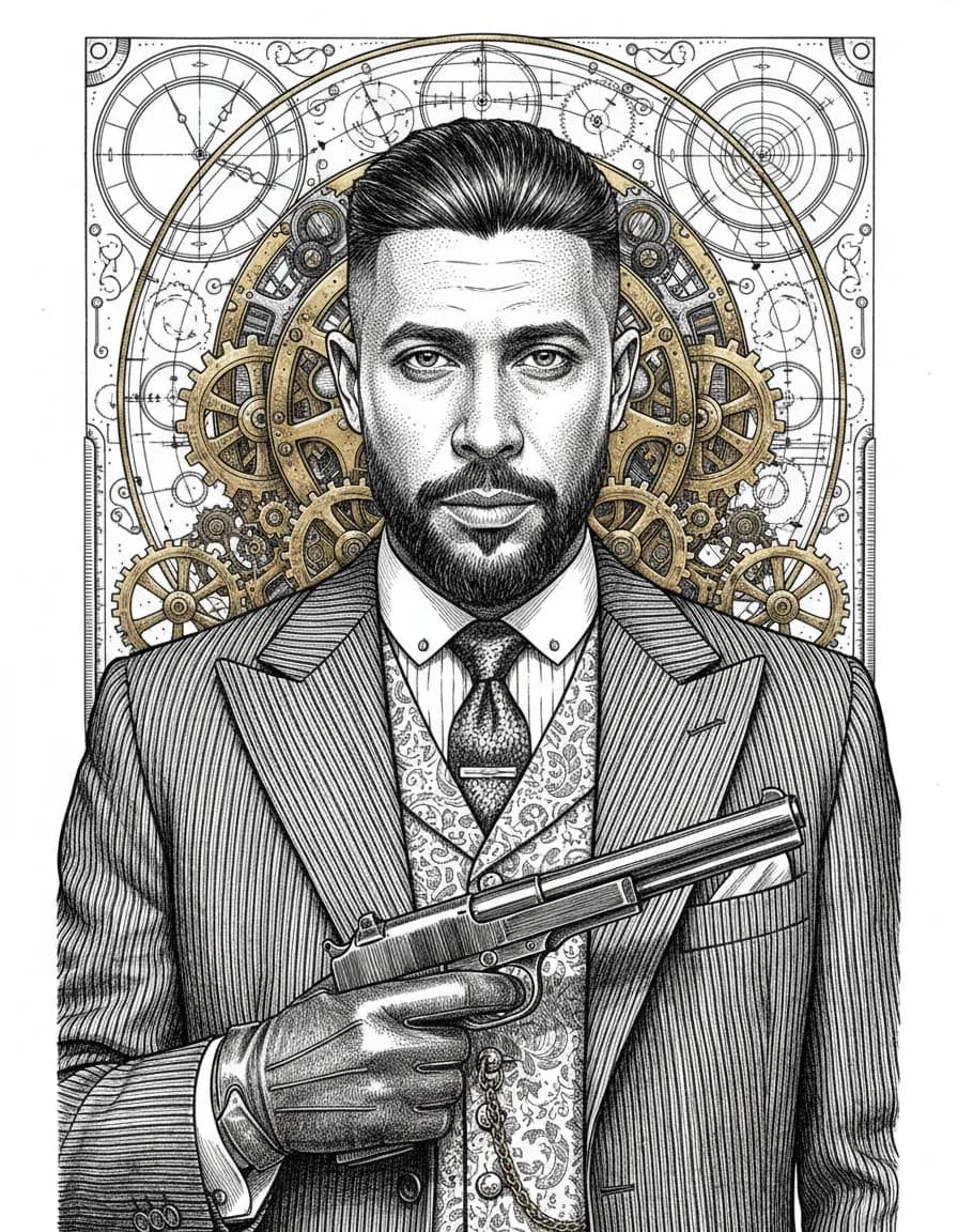 Victorian Steampunk Gangster Pen-and-Ink Engraving Template