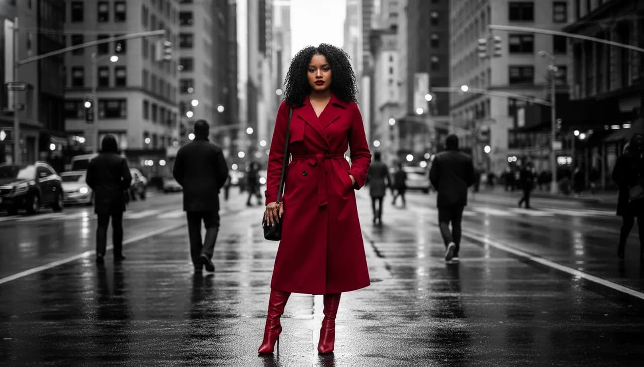 Cinematic Red Coat Portrait in Monochrome Urban Street