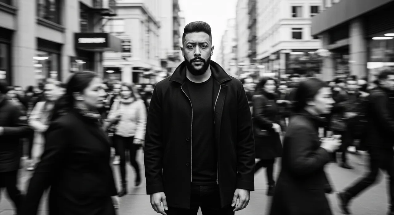 Black and White Portrait Amidst Blurred Urban Crowd