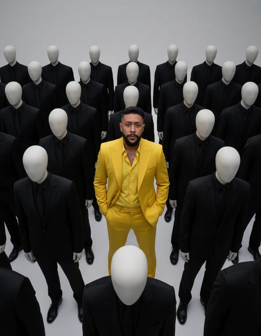 Yellow Suit in a Sea of Black Mannequins