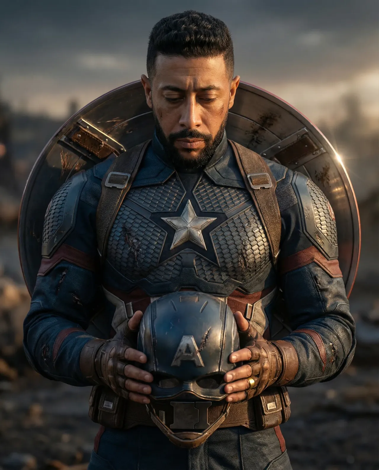 Cinematic Captain America Portrait with Scratched Armor