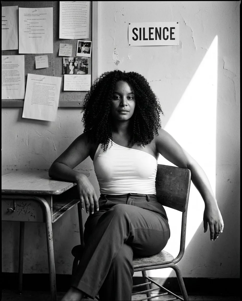High-Contrast Black-and-White Classroom Portrait, Cinematic Editorial