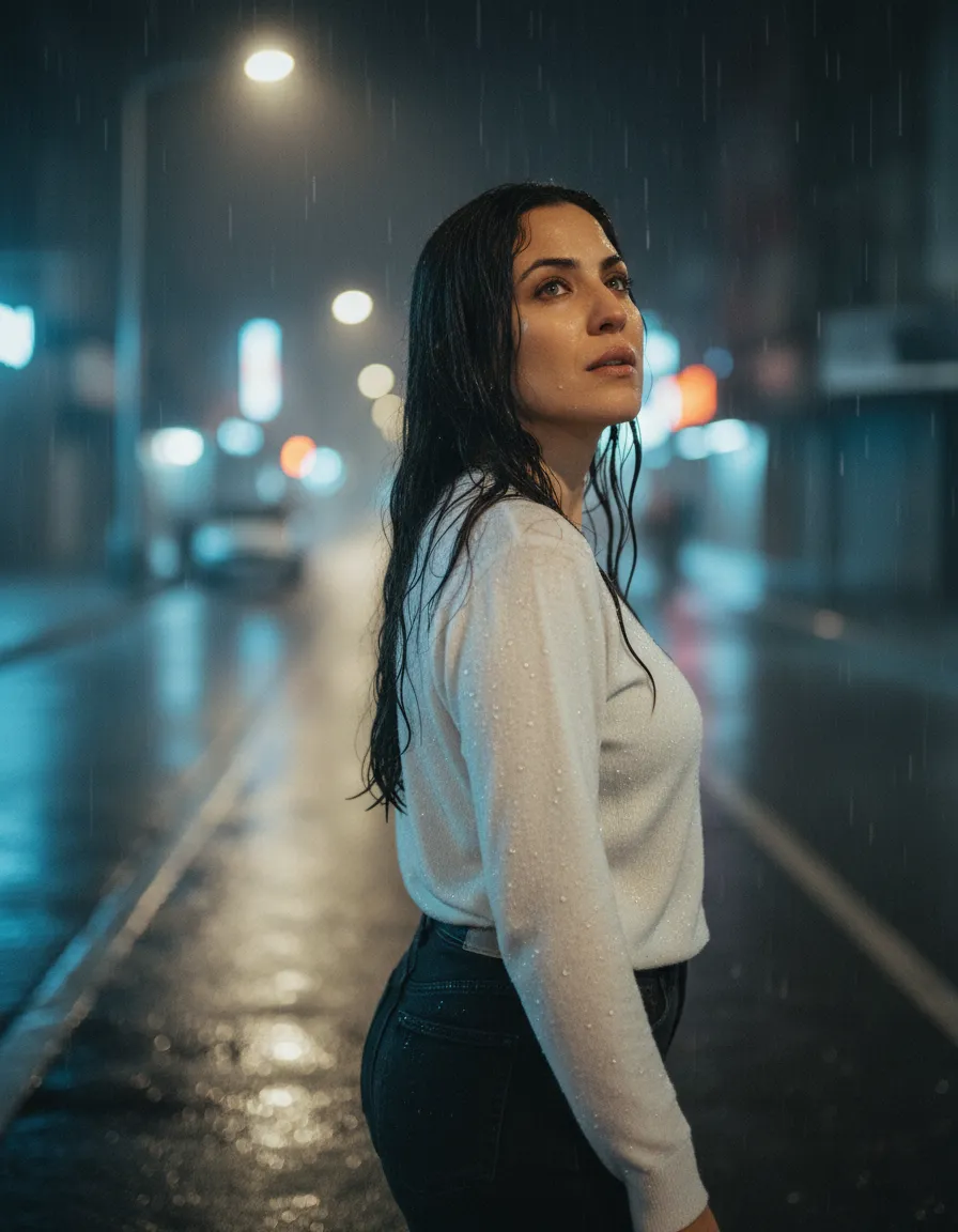 Cinematic Rain Melancholy Portrait with Blue Night Mood
