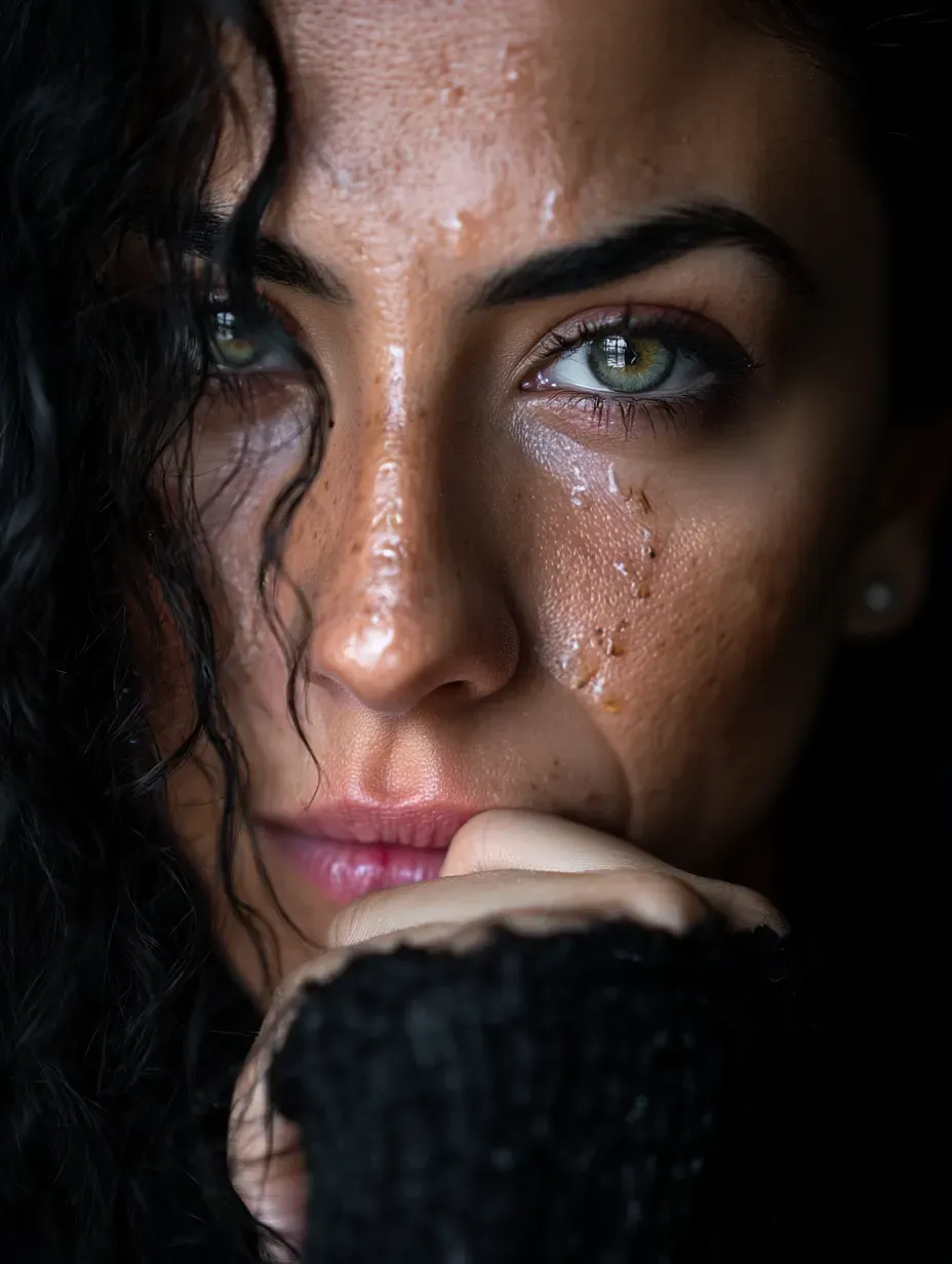 Cinematic Intimate Close-Up Portrait of a Grieving Woman