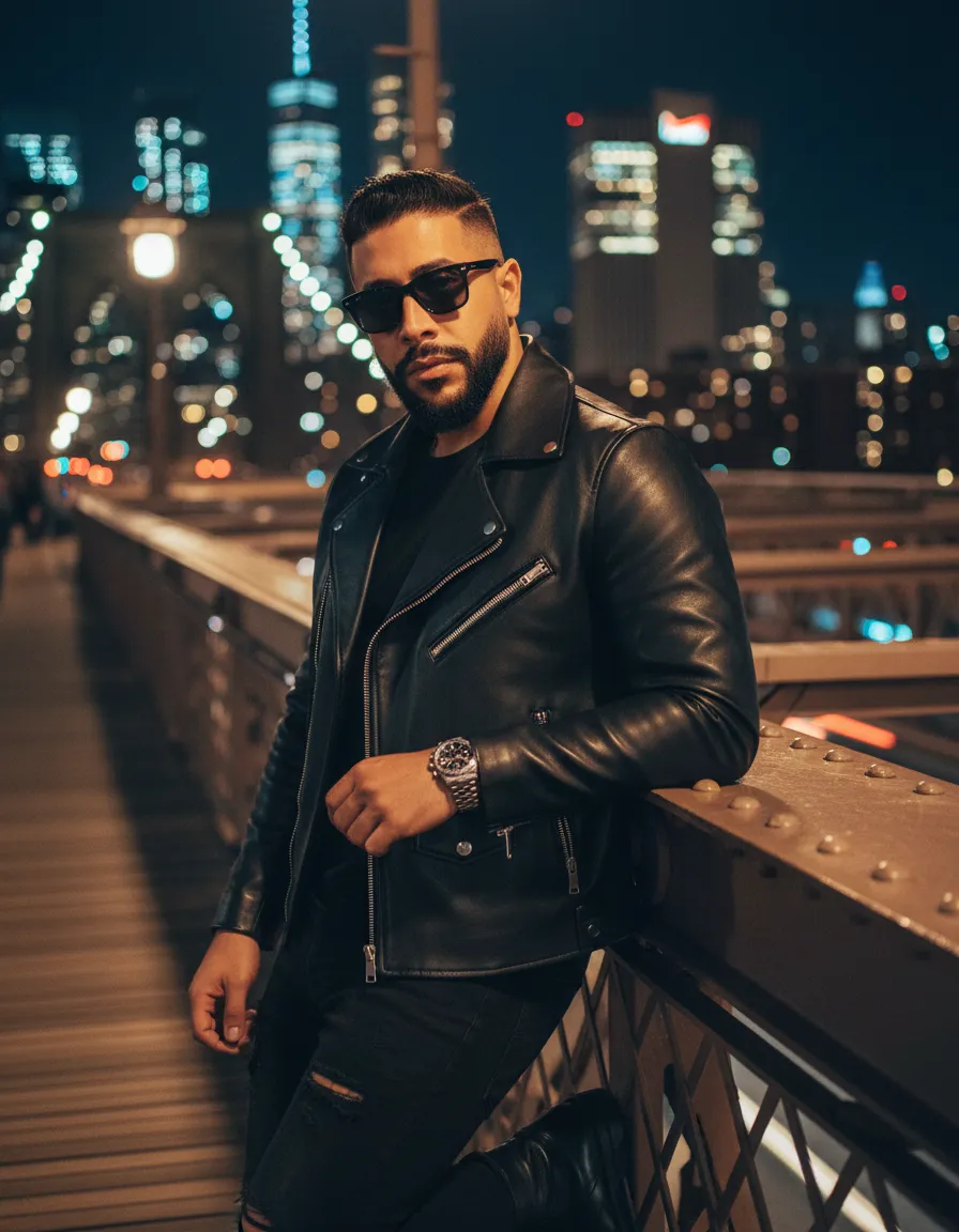 Ultra-Realistic Dark Luxury Male Fashion Portrait – Brooklyn Bridge Night