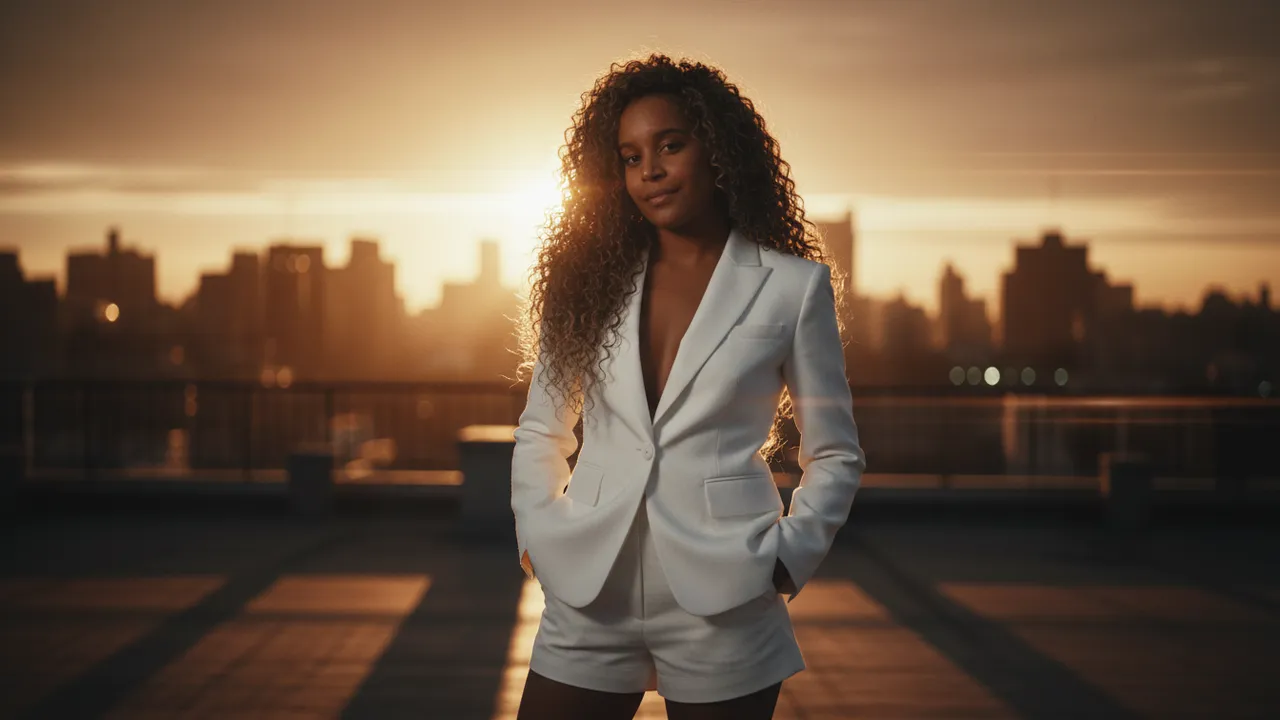 Cinematic Low-Angle Couture Rooftop Scene