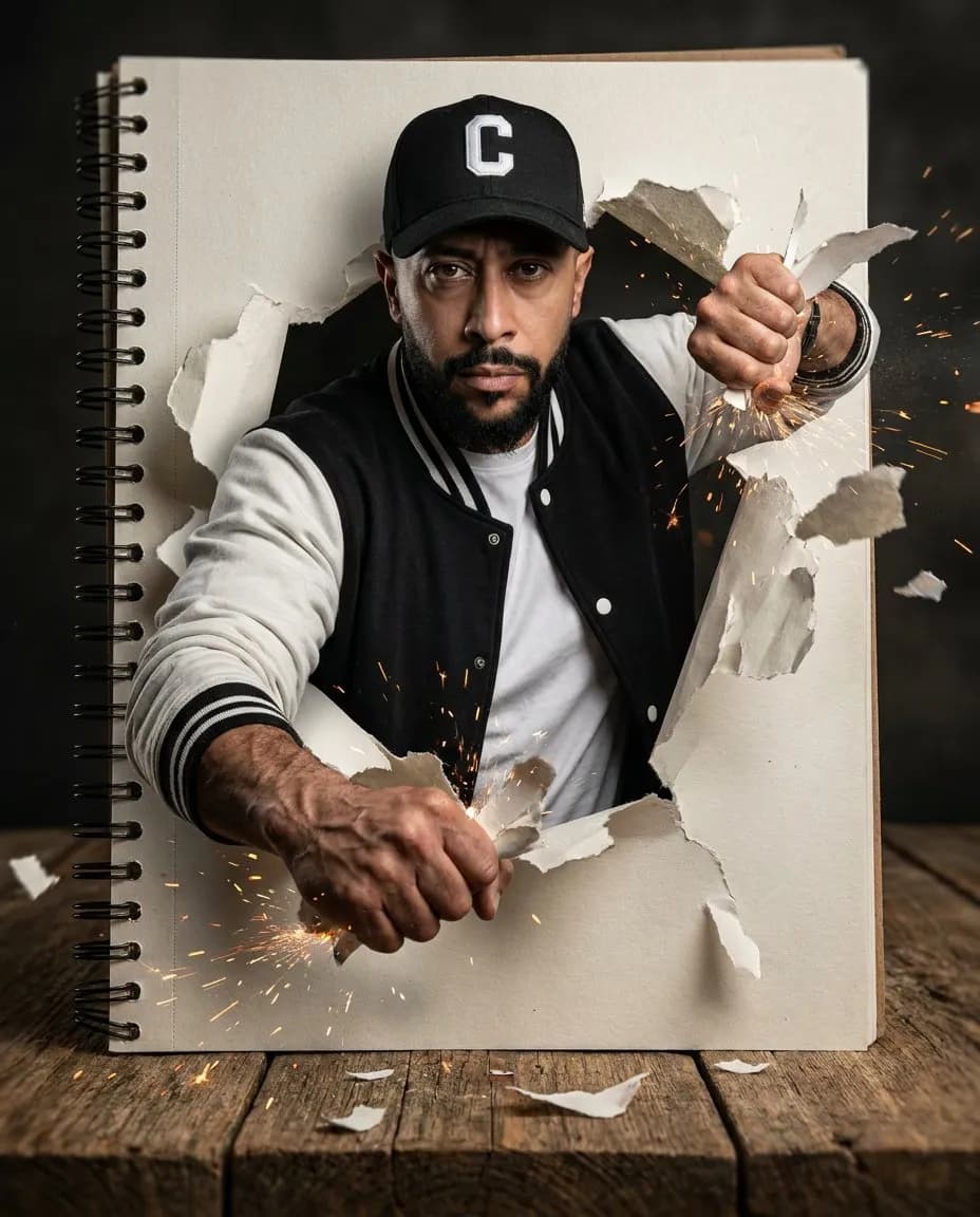 Cinematic Paper-Rip Portrait of Rugged Man Emerging from Notebook