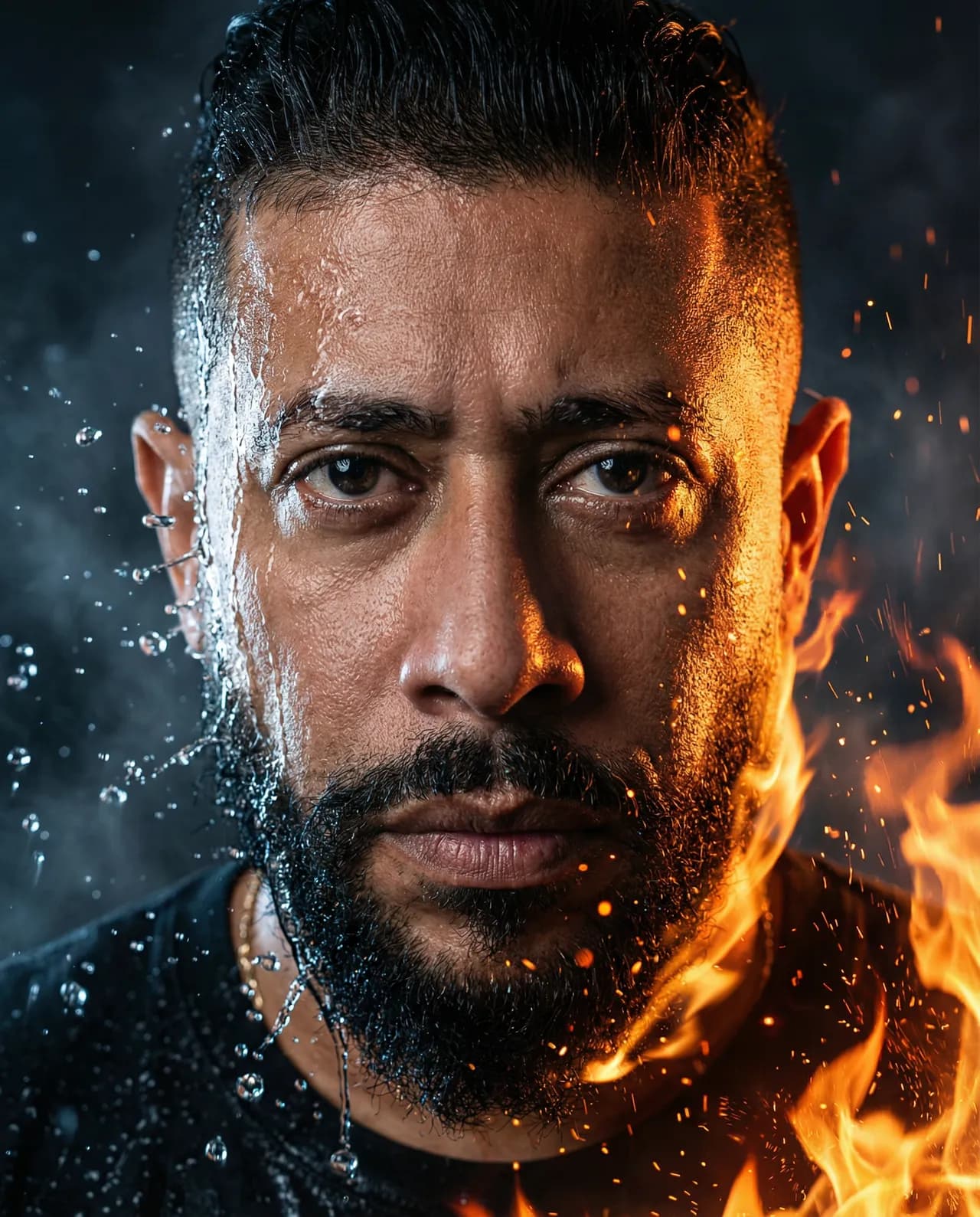 Cinematic Fire and Water Duality Portrait Photography