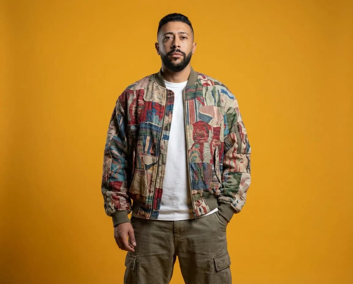 Cinematic 8K Studio Portrait with Textured Patchwork Bomber