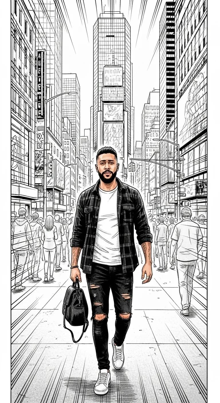 Main Character in Manga Cityscape