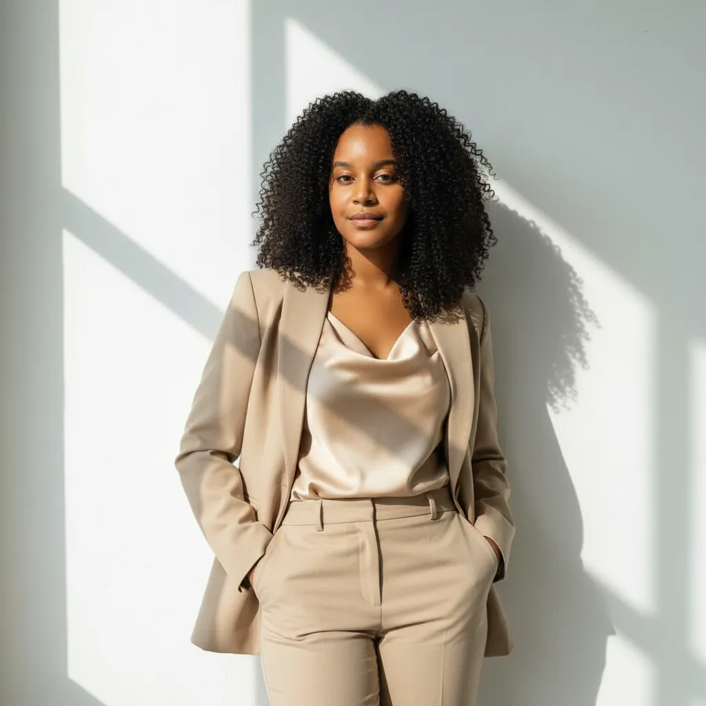 Corporate Portrait of Woman in Beige Suit with Natural Side Lighting - Imagem 1