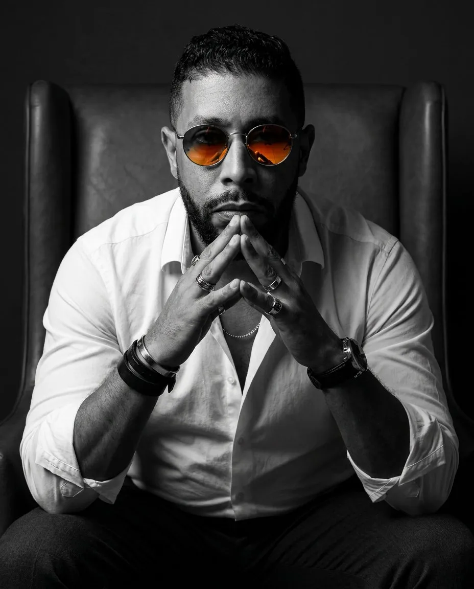 Cinematic Noir Fashion Portrait with Reflective Accent