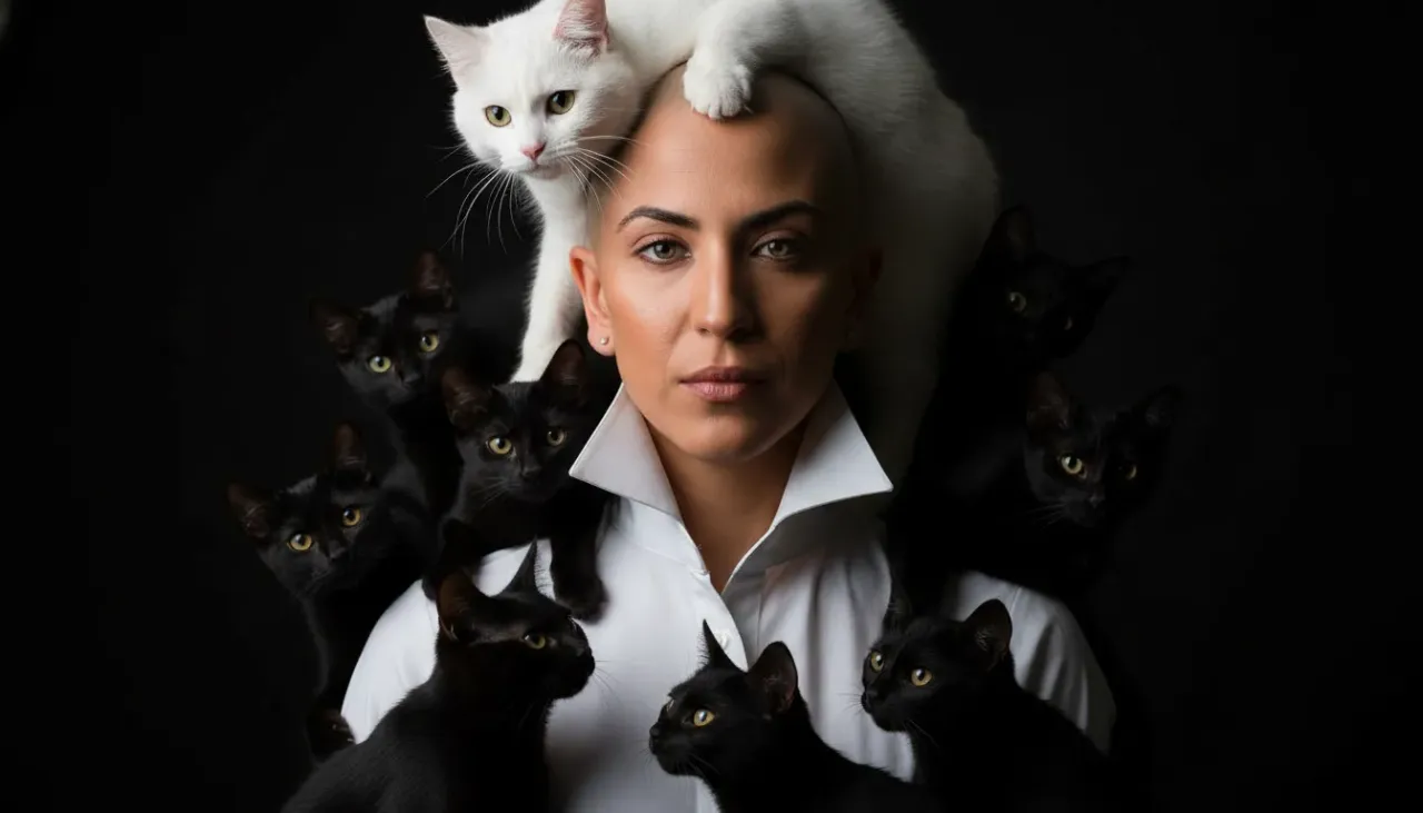 Dark Surreal Portrait with Bald Woman and Black Cats