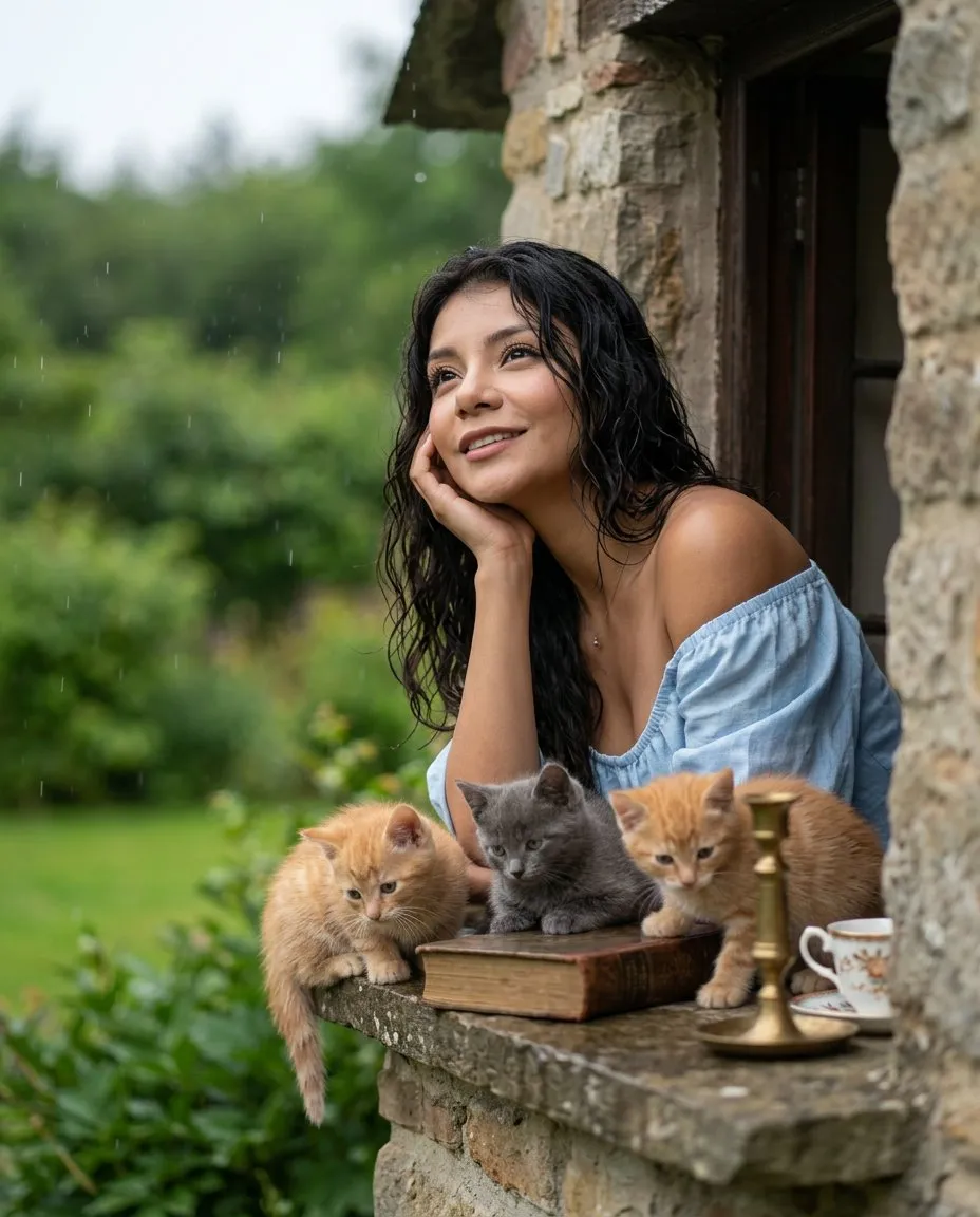 Cinematic Cottage Window Portrait in Moody Rainy Light