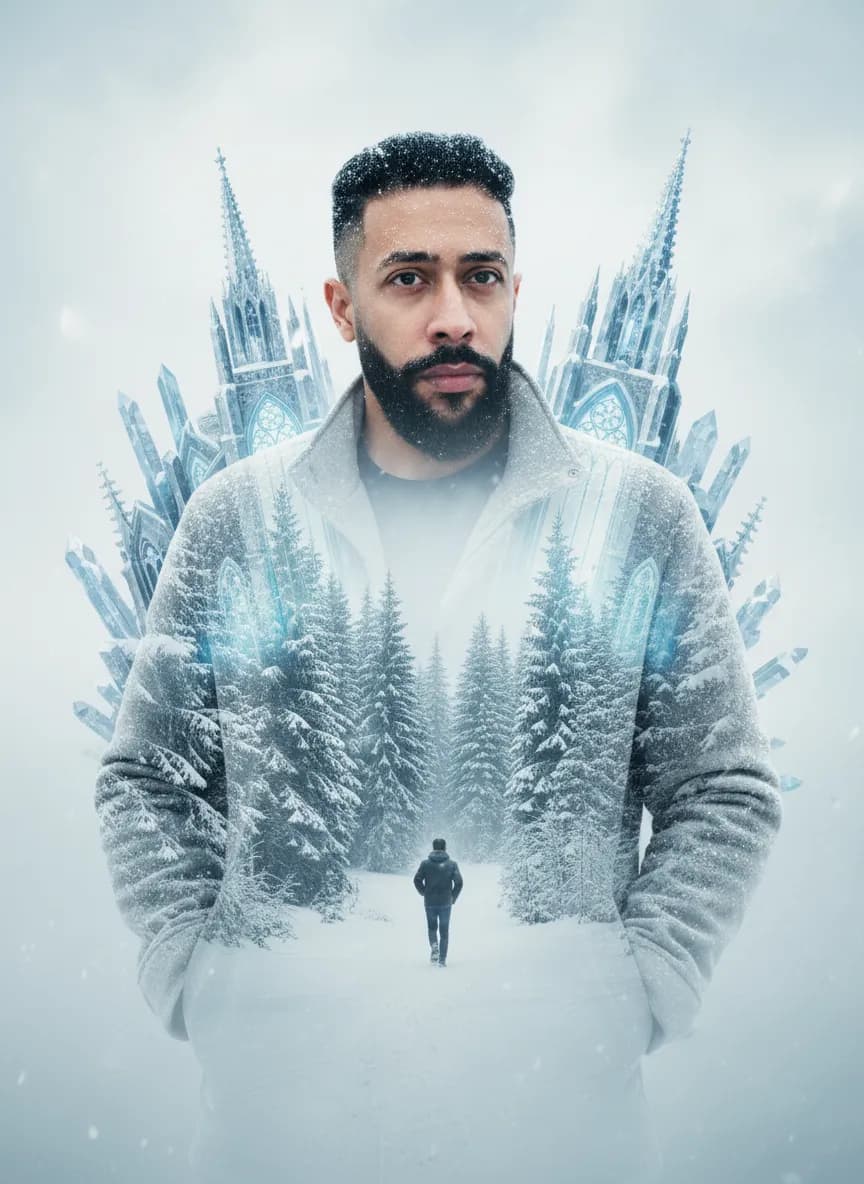 Cinematic Frosted Double-Exposure Cathedral Portrait
