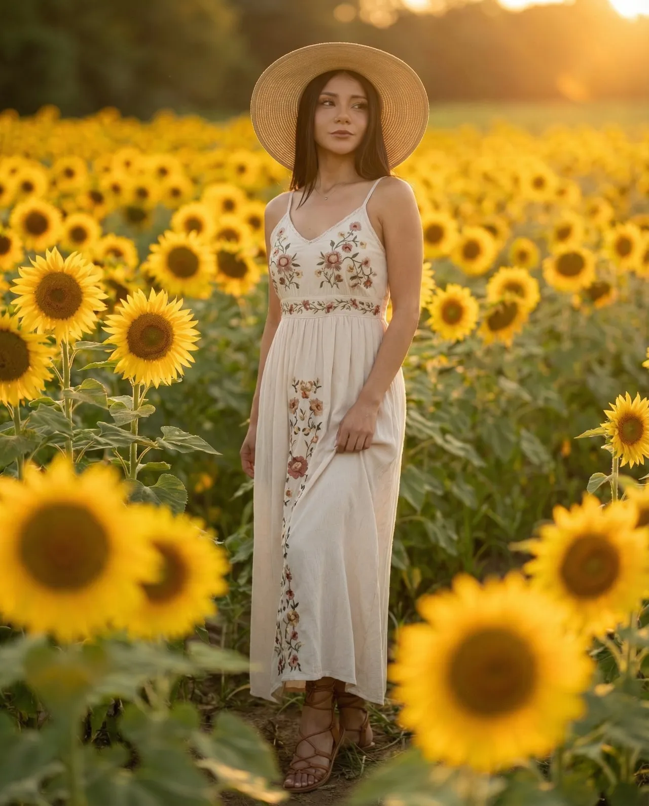 Boho Fashion Editorial Full-Body Portrait in Sunflower Field - Imagem 1