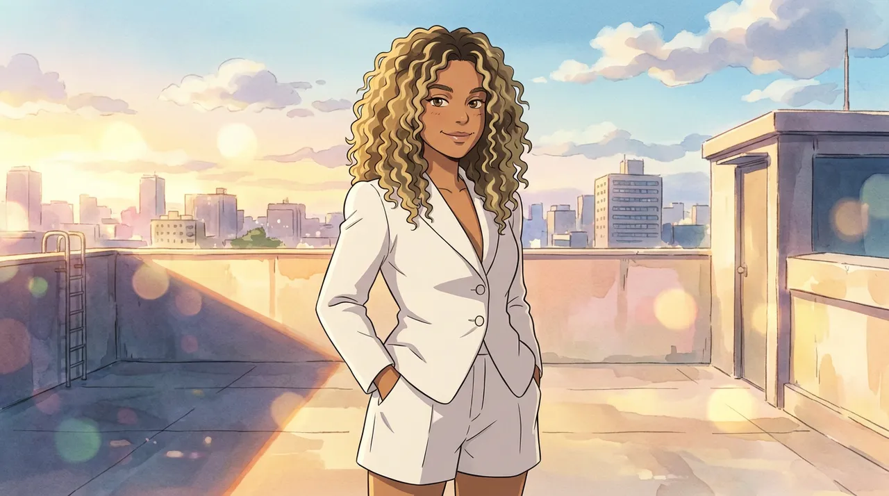 Ghibli-Inspired Cel-Shaded Rooftop Fashion Portrait Template