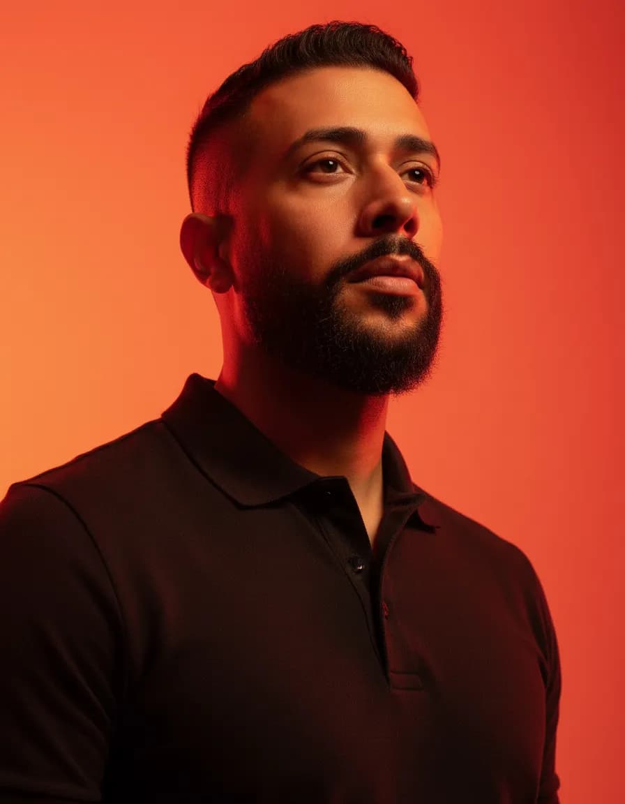 Heroic Low-Angle Editorial Portrait with Dramatic Color Lighting