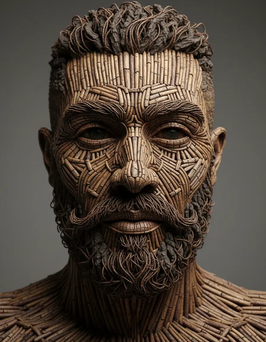 Hyper-Realistic Woven Wooden Twig Portrait Identity Lock Template