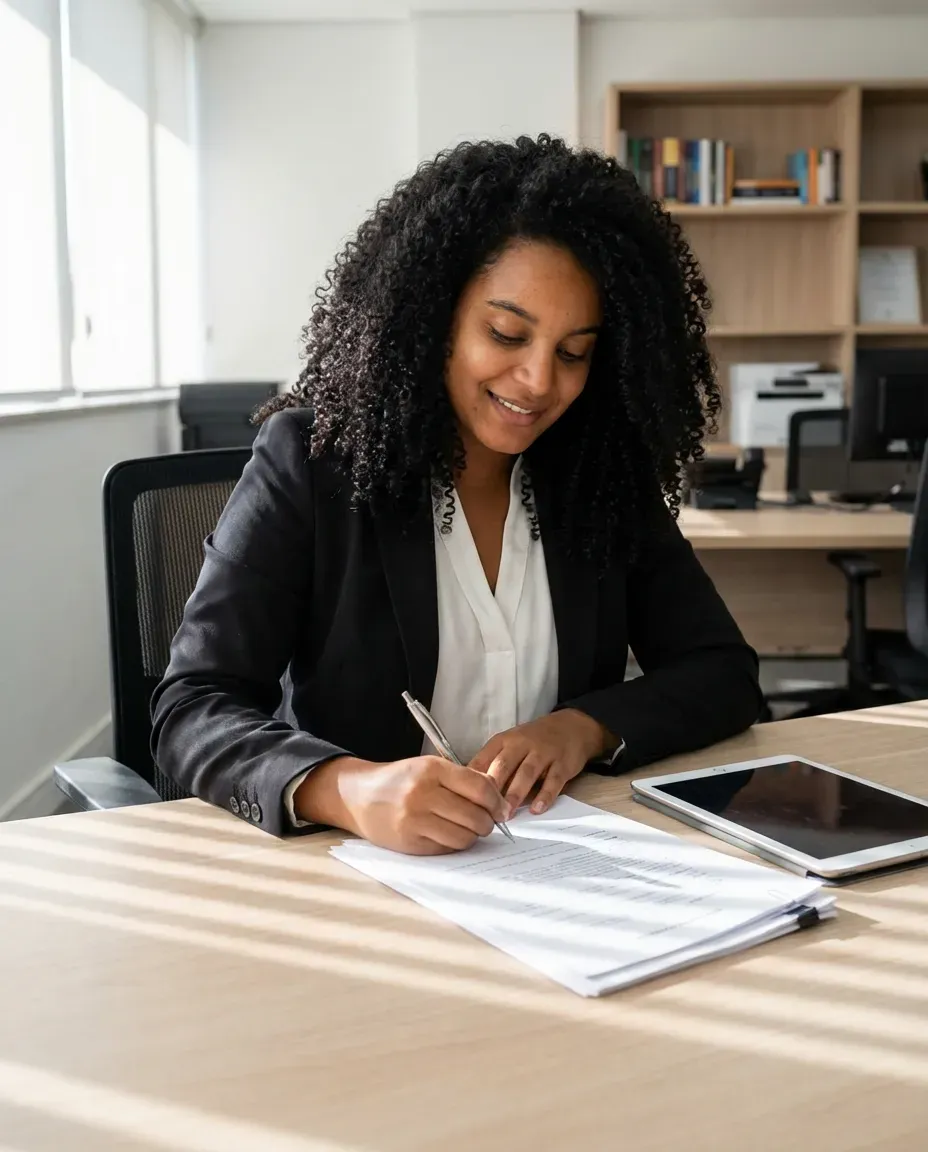 Elegant Woman Seated in Refined Study with Warm Ambient Lighting