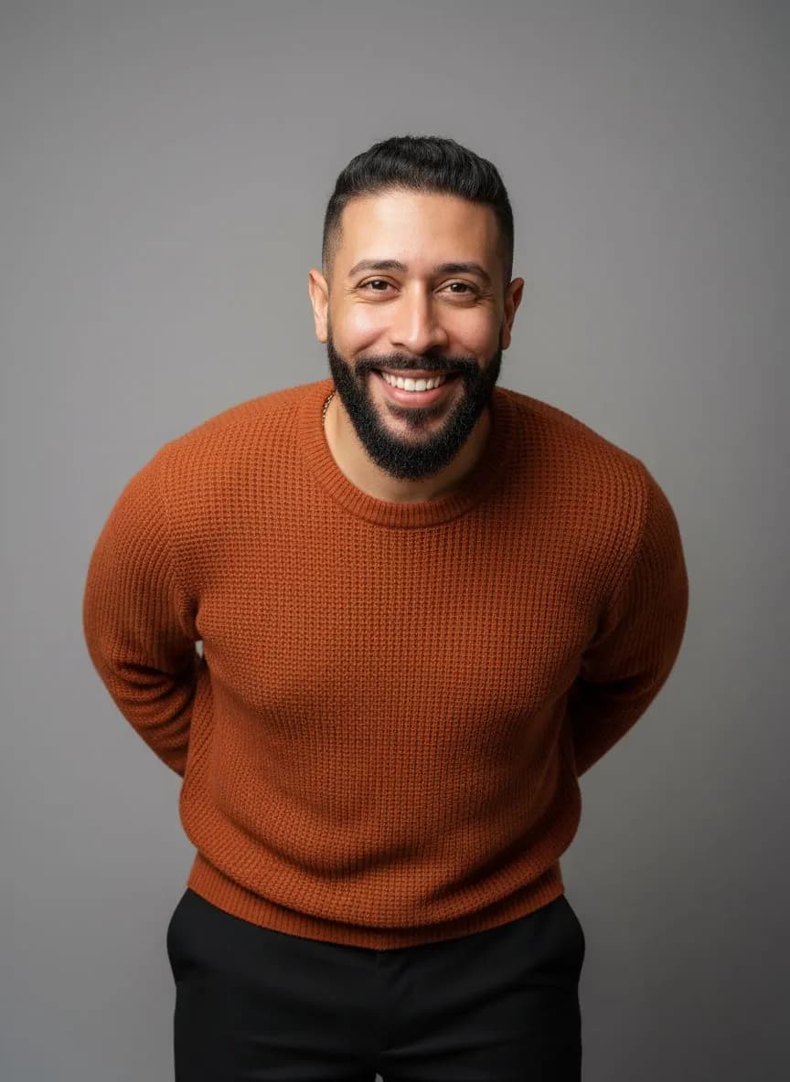 Studio Portrait with Warm Smile and Modern Editorial Aesthetic