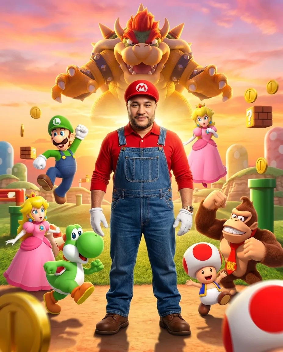 Cinematic 3D-Enhanced Portrait with Playful Game Characters