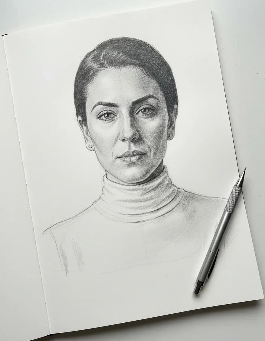 Photorealistic Graphite Sketch Portrait on Textured Sketchbook Paper