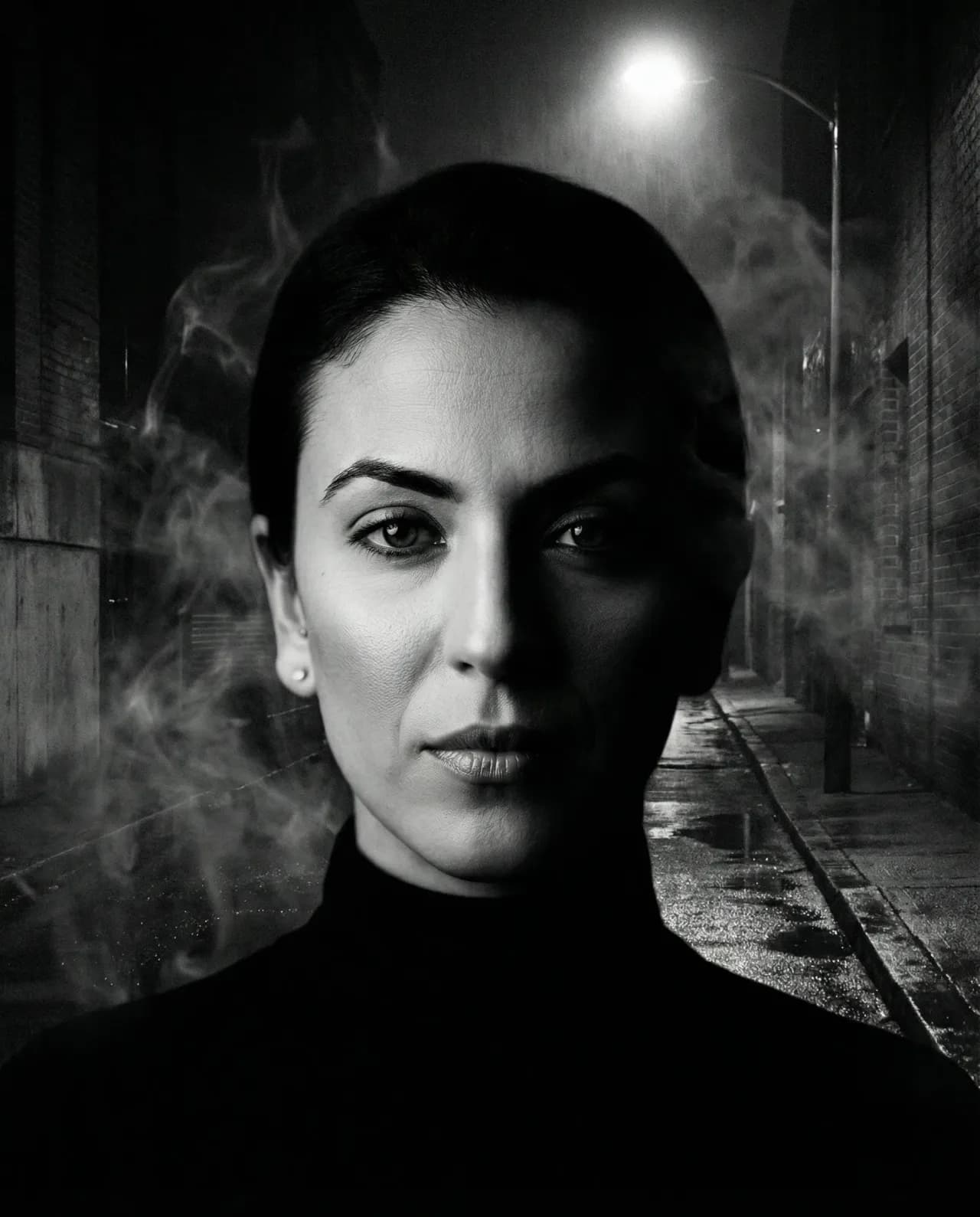 Cinematic Film Noir Portrait Under Streetlight