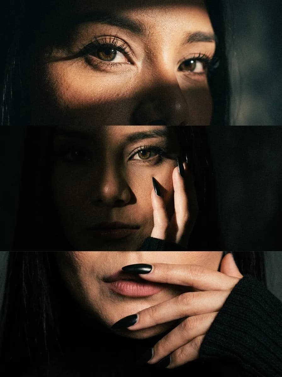 Vertical Triptych Noir Portrait Collage Cinematic Chiaroscuro