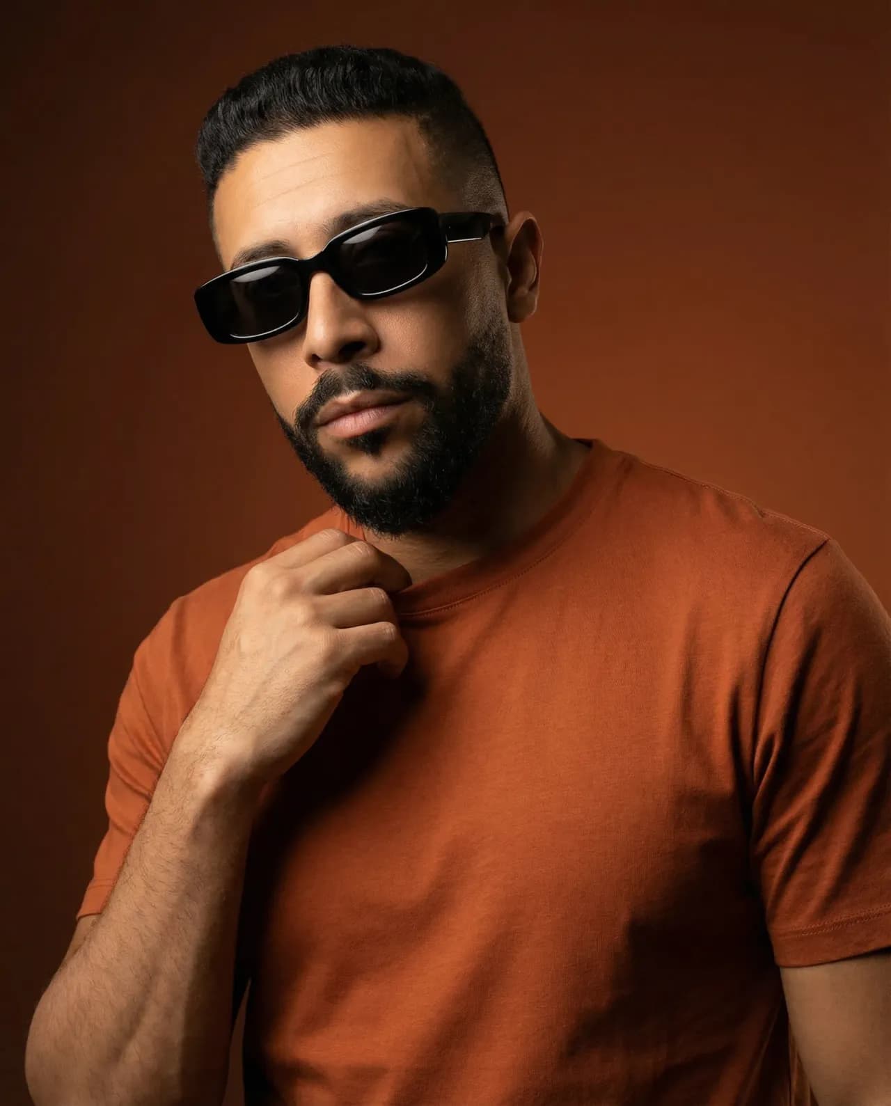 Cinematic Burnt Orange Studio Portrait, Editorial Mood