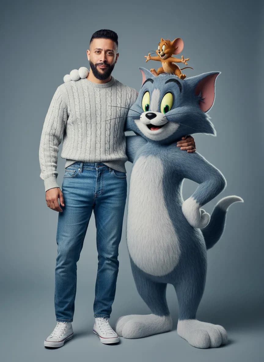 Hyper-Realistic Fashion Portrait with Giant 3D Tom & Jerry