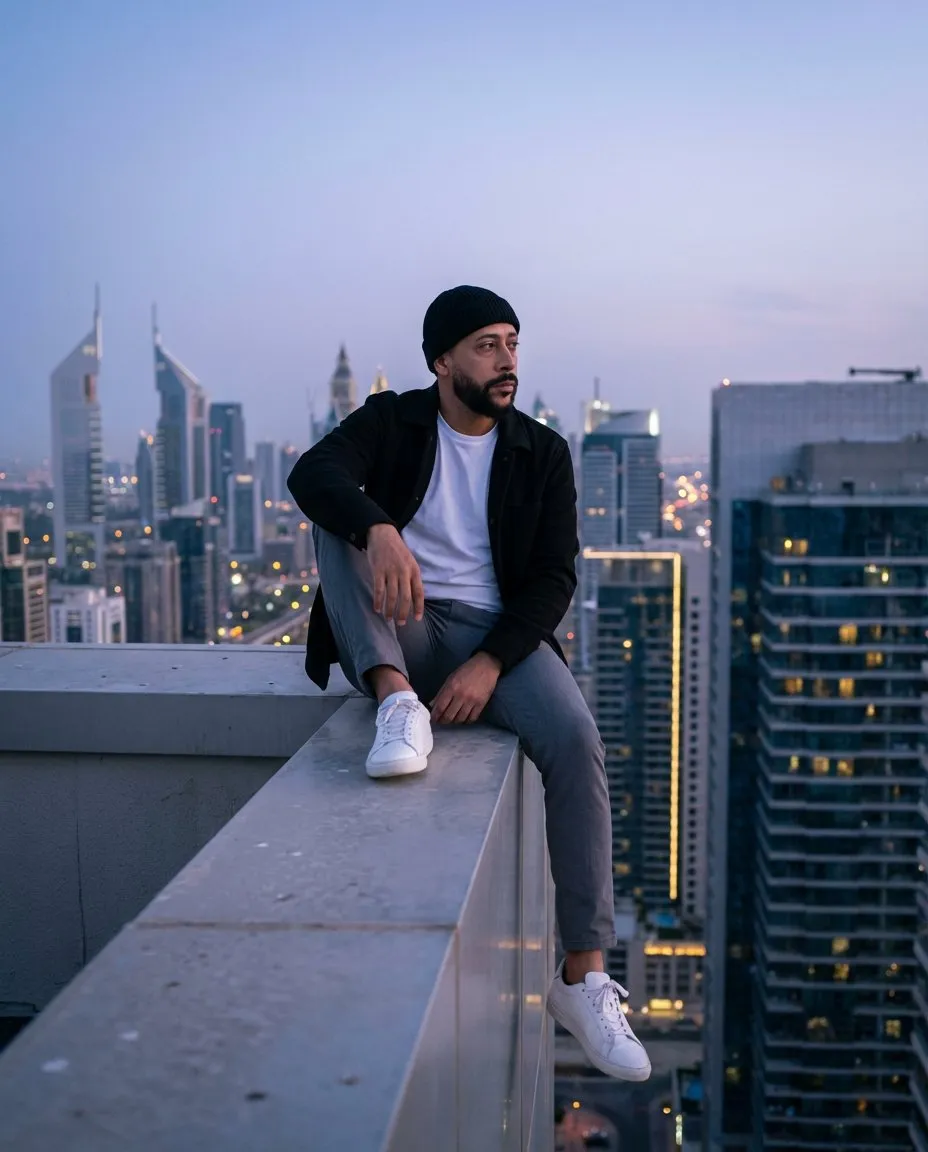 Melancholic Urban Rooftop Portrait with Cinematic Dusk Light