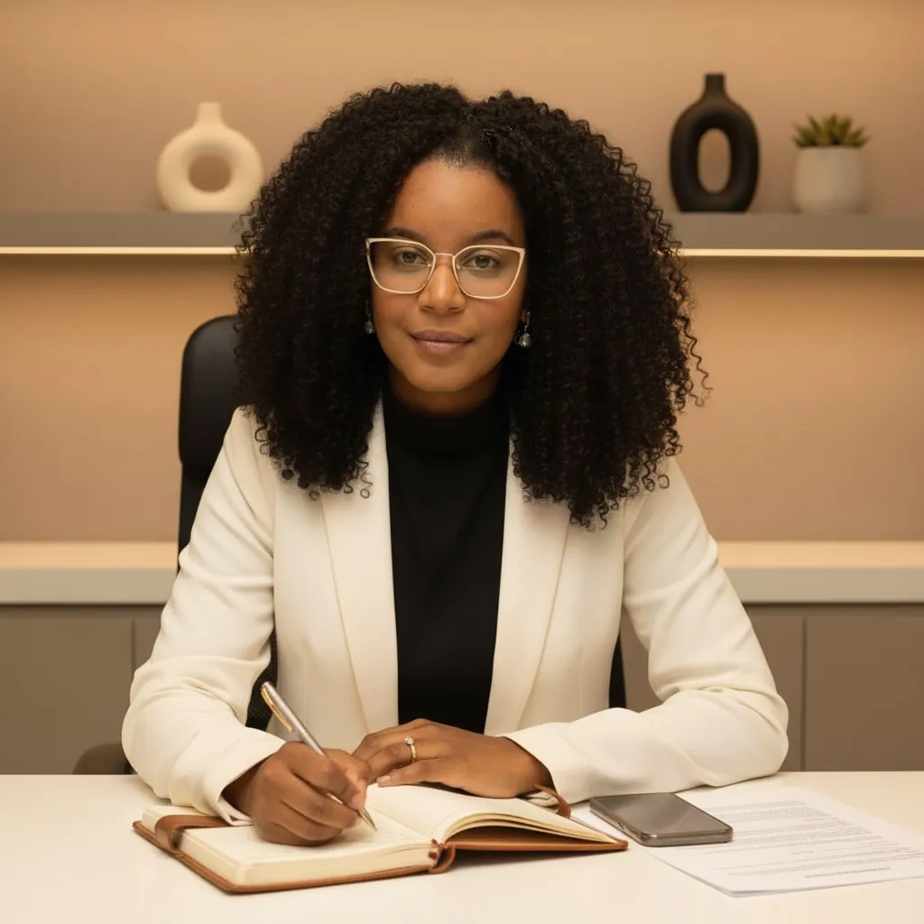 Professional Office Desk Portrait with Writing Gesture and Warm Lighting