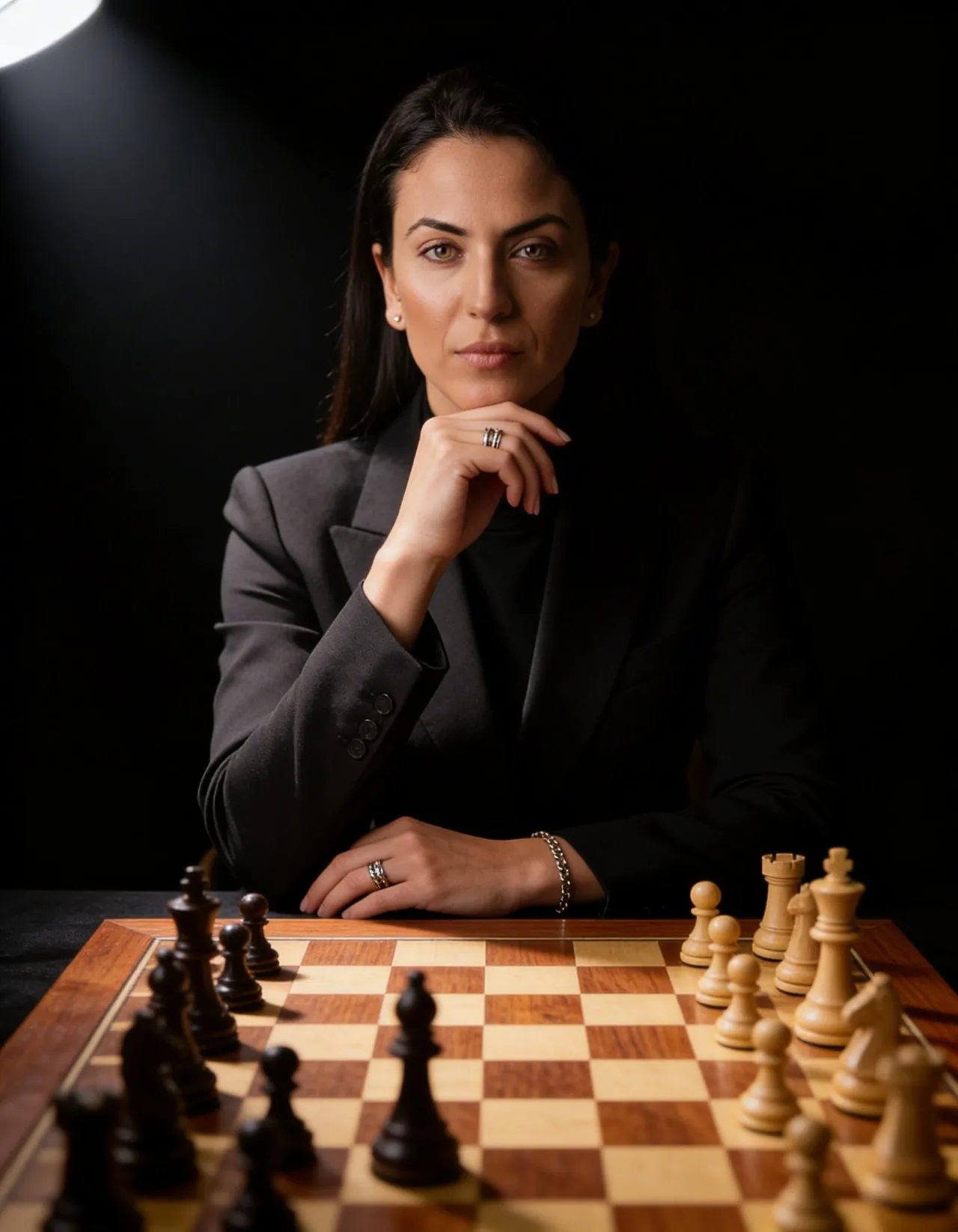 Cinematic Low-Key Portrait of a Powerful Woman with Chessboard