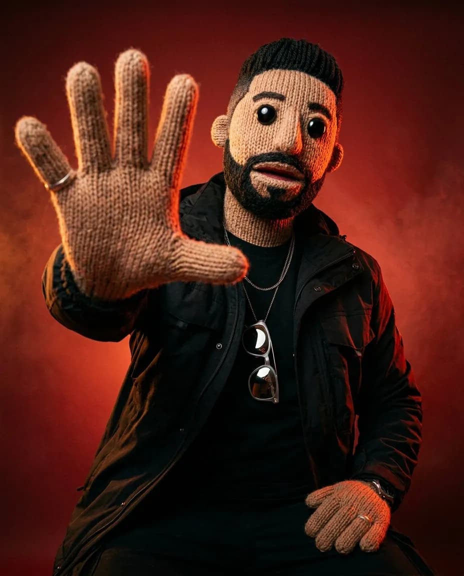 Photoreal Sock Puppet Portrait with Cinematic Fabric Detail