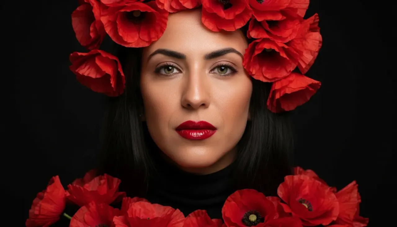 High-Contrast Beauty Portrait with Red Poppies
