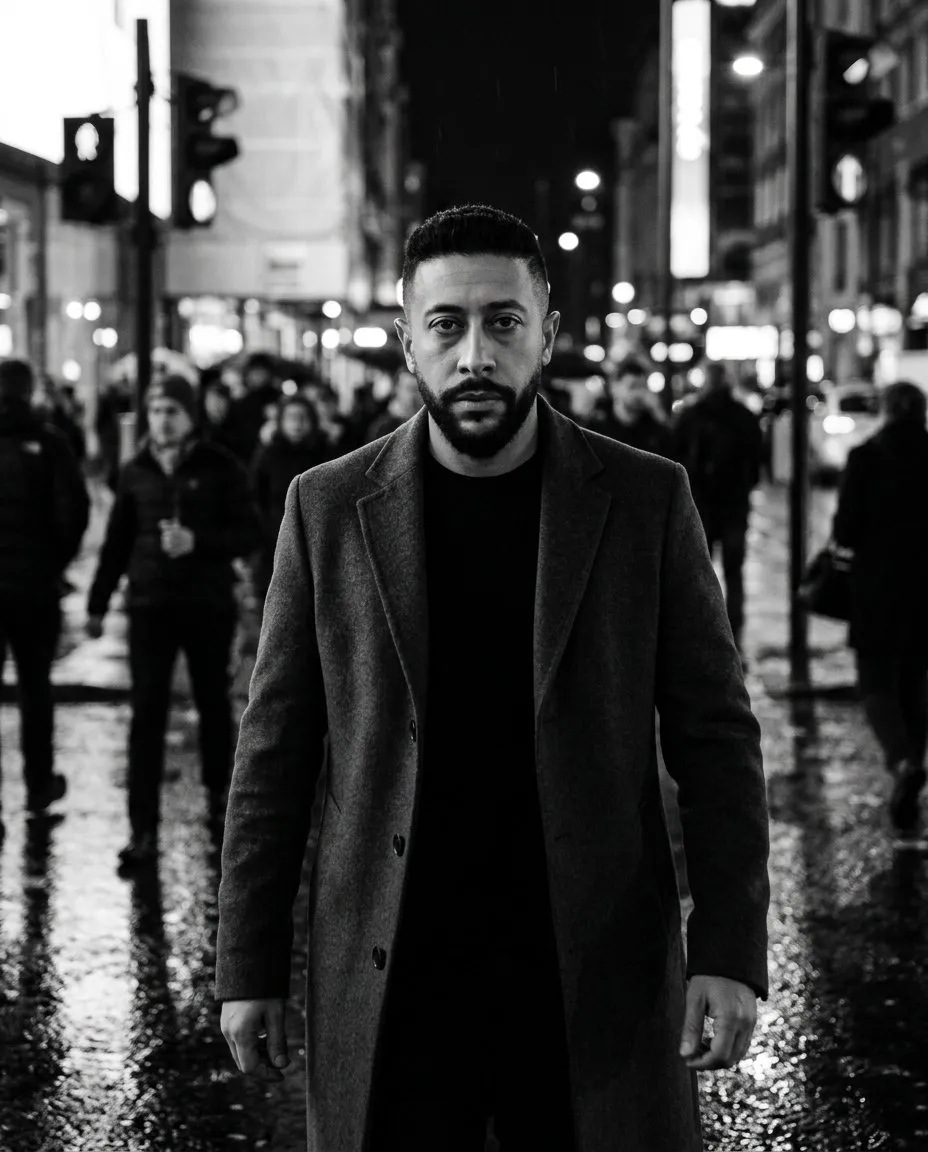 Black and White Noir Street Portrait with Cinematic Motion Blur