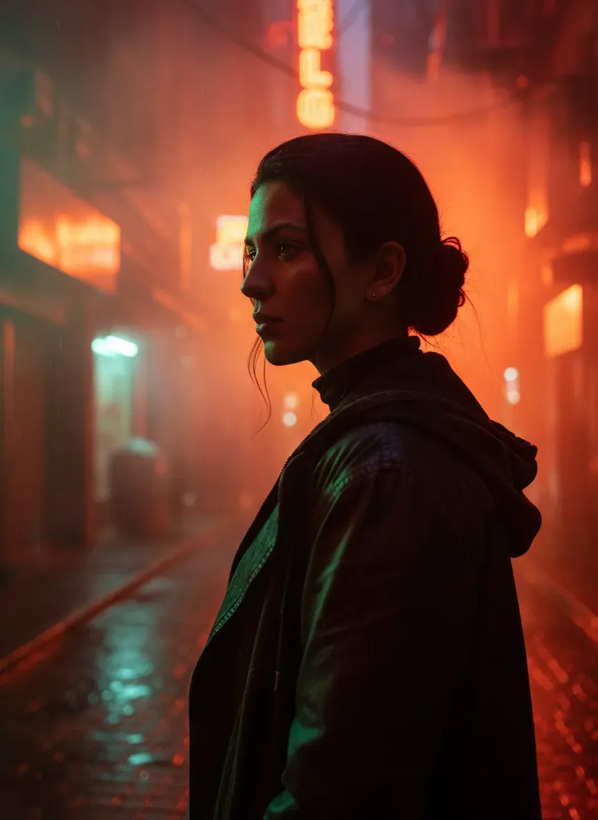 Neon Alley Cinematic Profile Urban Portrait