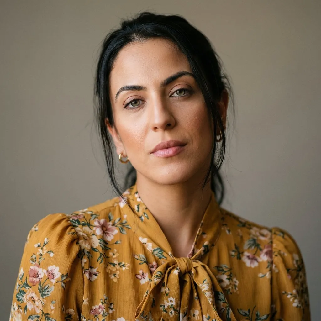 Natural-Light Editorial Studio Portrait, Warm Muted Film Look