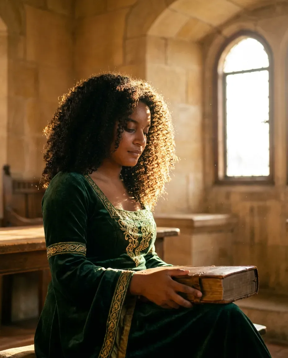 Cinematic Portrait of Woman in Medieval Gown with Golden Hour Light