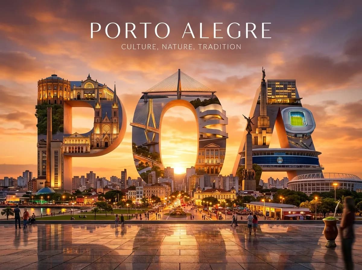 Cinematic Architectural Typography Travel Poster — Porto Alegre Landmarks