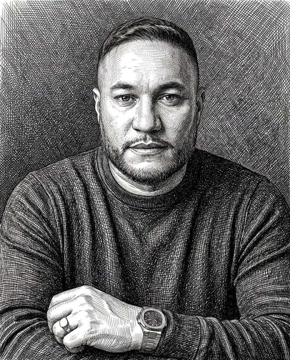 Monochrome Engraved Line-Art Close-Up Portrait, Dramatic