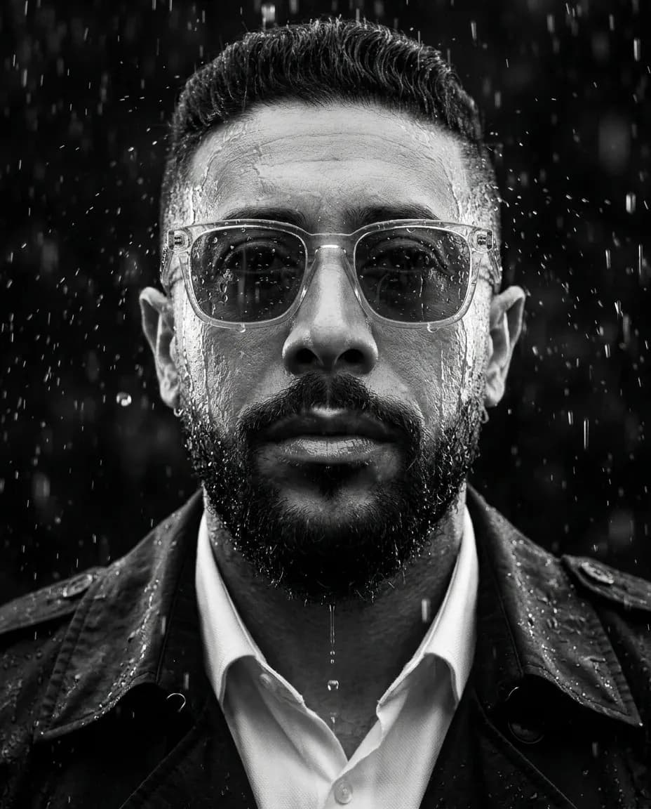 Ultra-Realistic 8K Black-and-White Rain Portrait with Cinematic Lighting