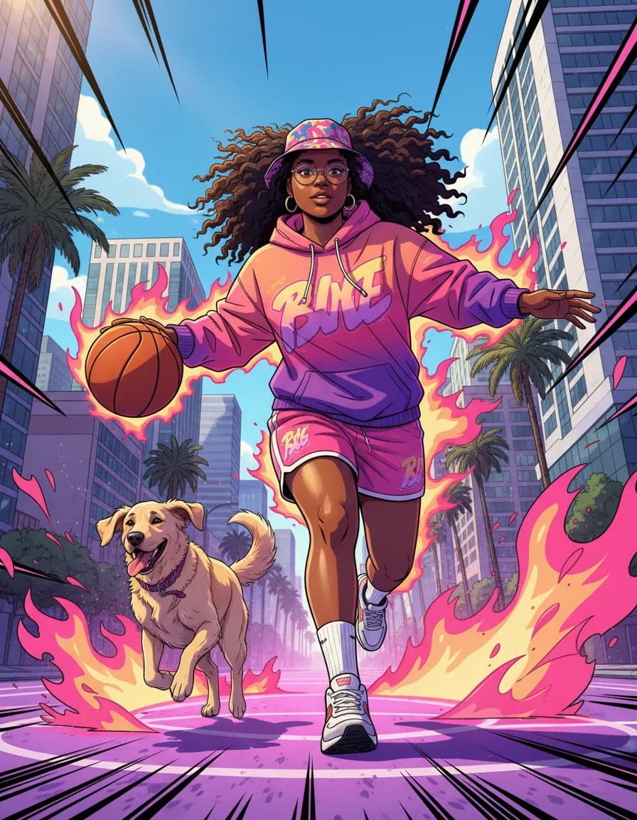 Dynamic Comic-Style Urban Basketball Action Scene – Pop Art Streetwear Campaign