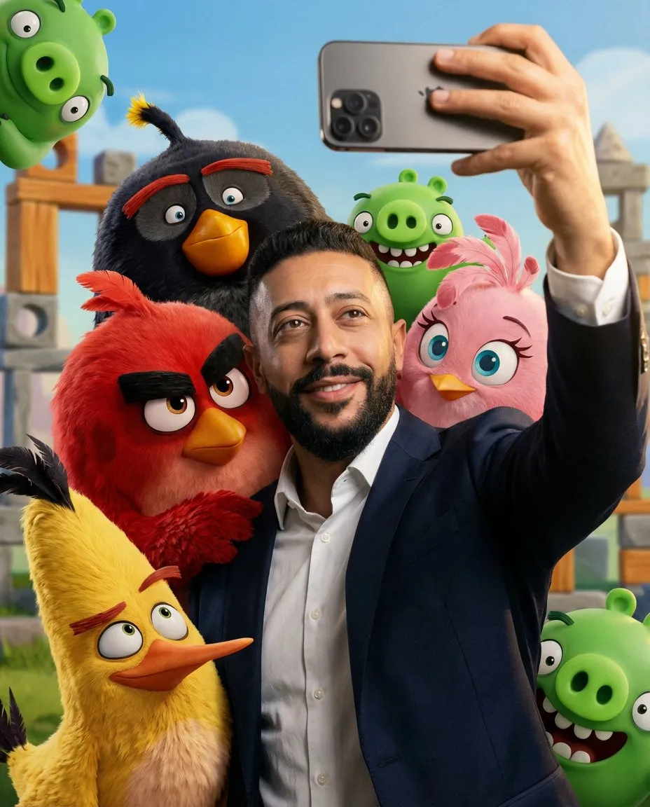 Cinematic Golden-Hour Realistic Selfie with Angry Birds Cast