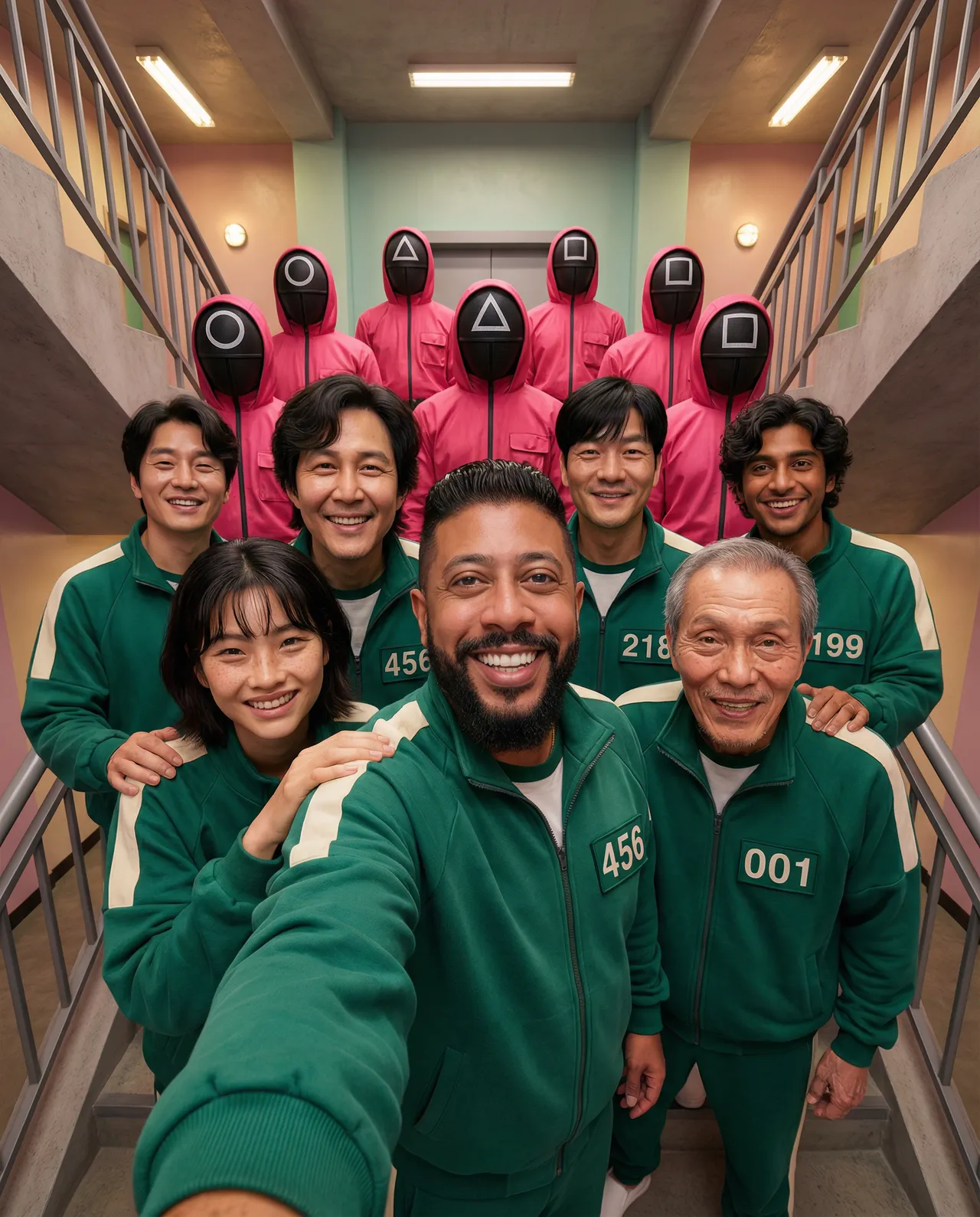 Ultra-Realistic Squid Game Group Selfie Portrait Template