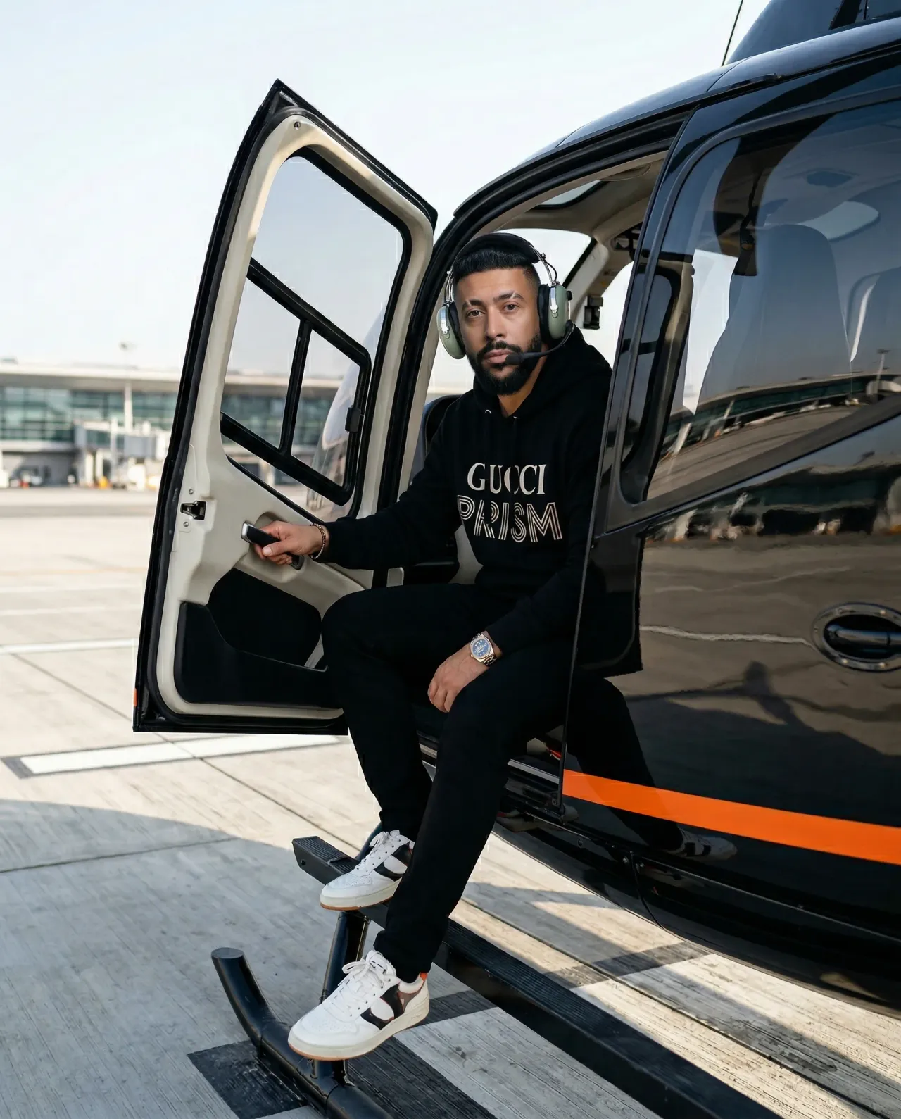 Luxury Helicopter Pilot Portrait with Gucci Attire