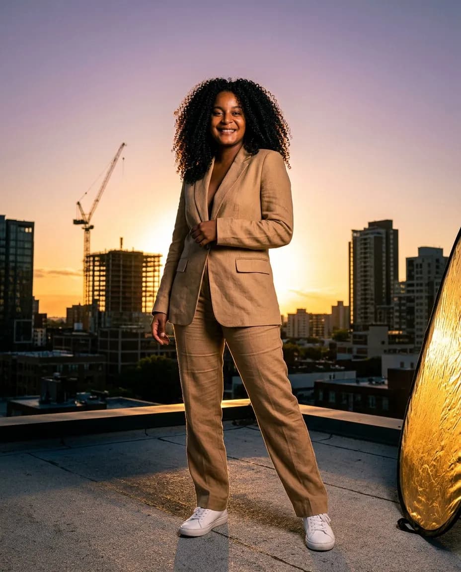 Rooftop Fashion Portrait, Golden Hour Editorial, Photorealistic - Imagem 1