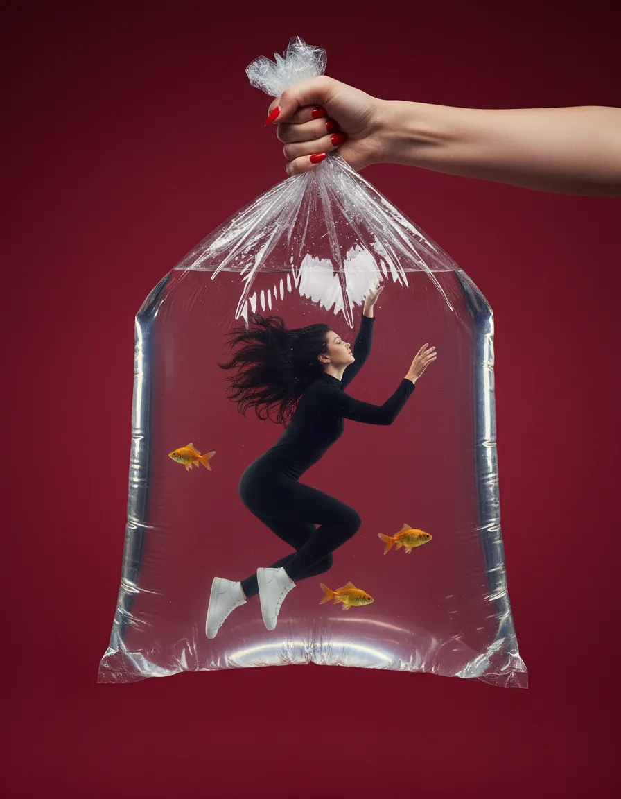 Surreal Glossy Fashion Editorial – Human in Water Bag Concept